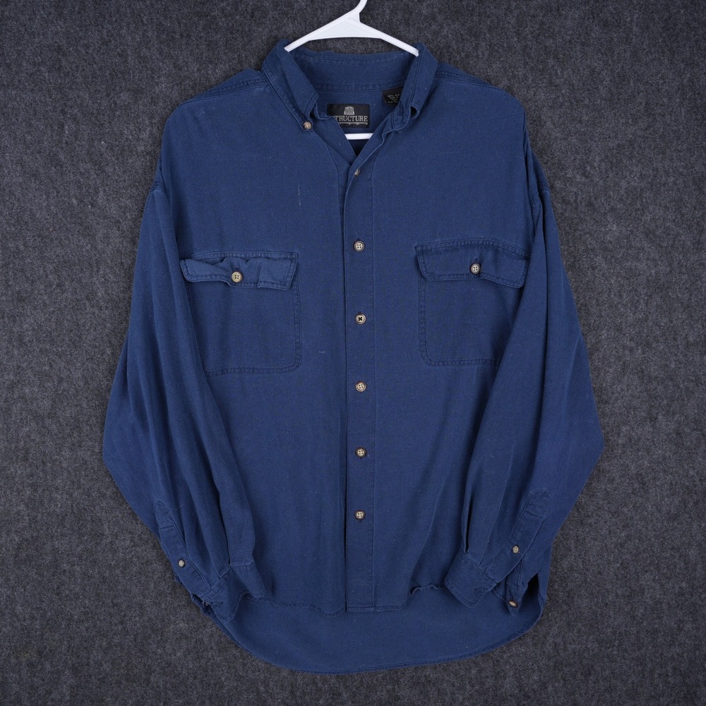 Vintage Structure Silk Button Down Shirt Mens M Navy Blue Good 90s Textured Long